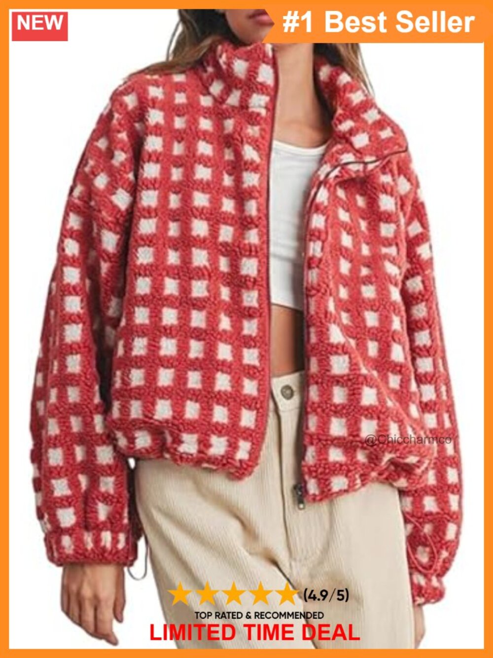 Sherpa Fleece Zip Up Plaid Cropped Jacket Fuzzy Casual Outerwear